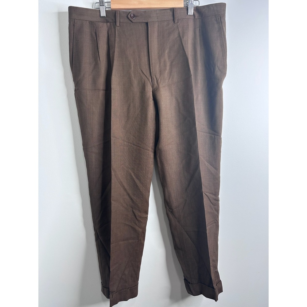 Canali Mens Brown Pleated Wool Dress Pants Cuffed Made in Italy Size 54 Luxury